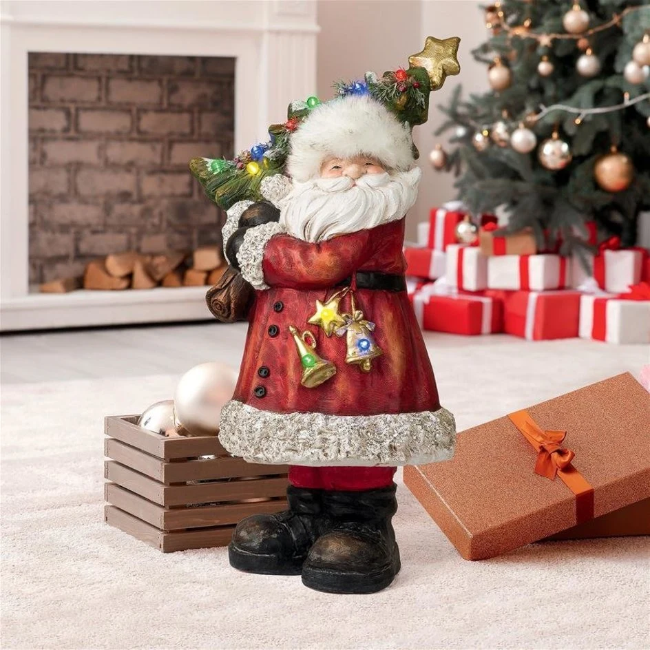 Resin Santa Sparkling Christmas Tree Illuminated Holiday Statue Gifts Figure
