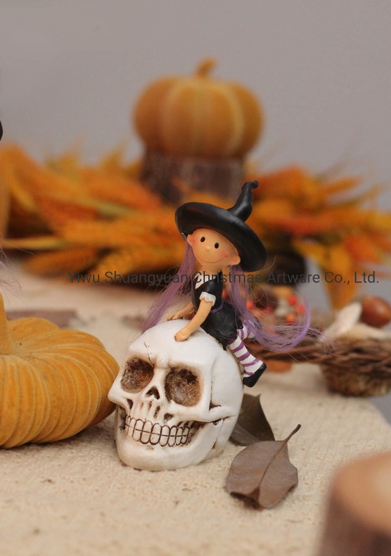Home Decoration Halloween Crafts Wholesale Resin Girl Halloween Decoration with Pumpkin and Skeleton